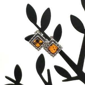 Amber Earrings - Cognac in 925 Silver