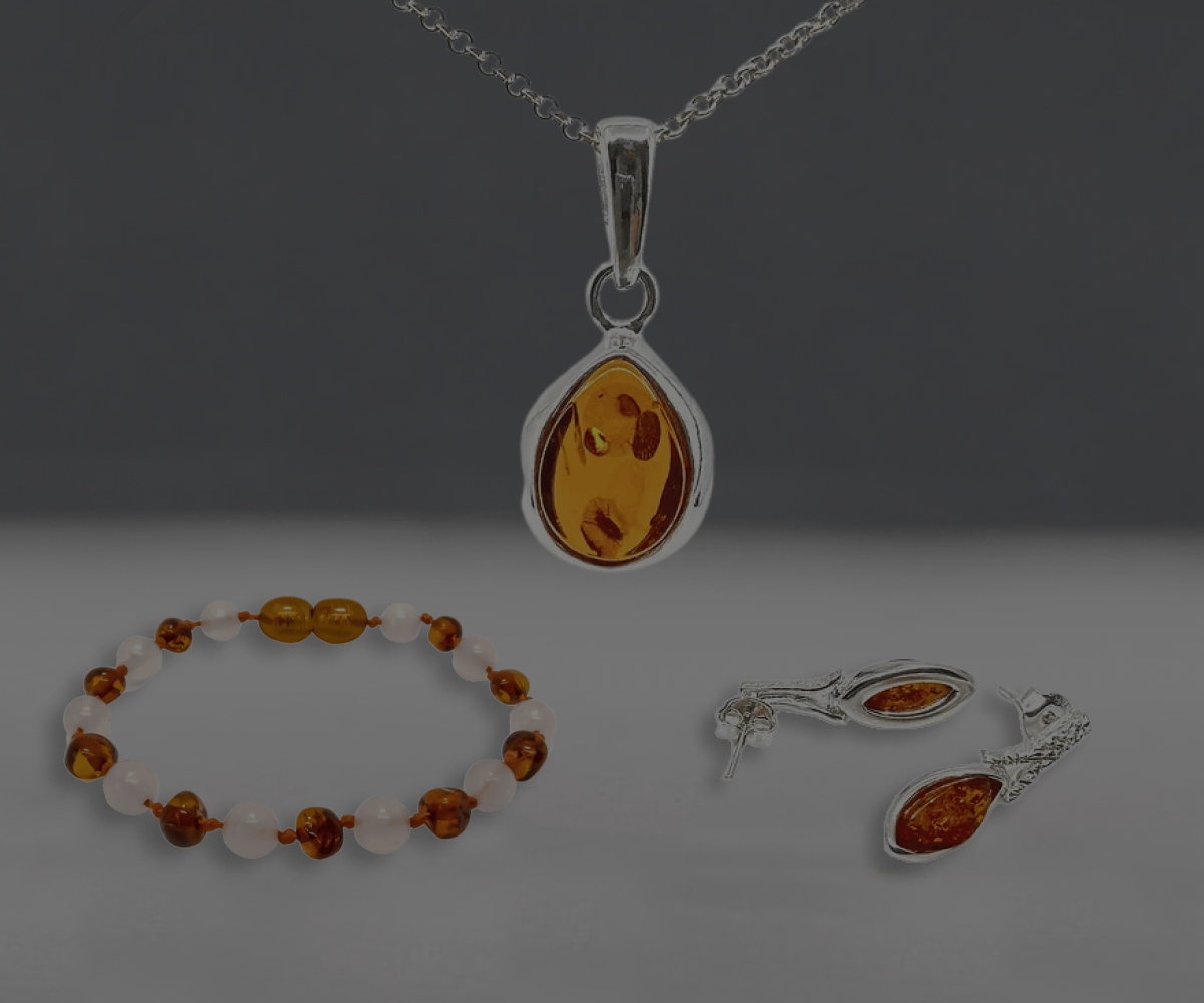 Banner with Amber Necklace, pendant and earrings