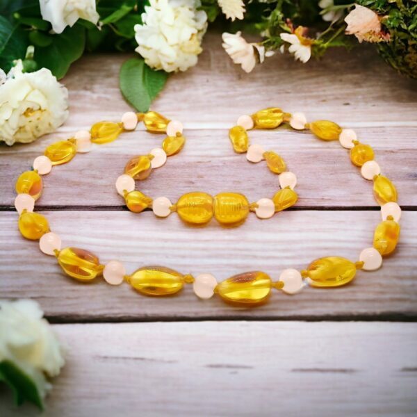 Amber Teething Necklace Rose Honey Bean