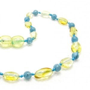 Amber Teething Necklace – Aquamarine/Lemon – Polished Bean