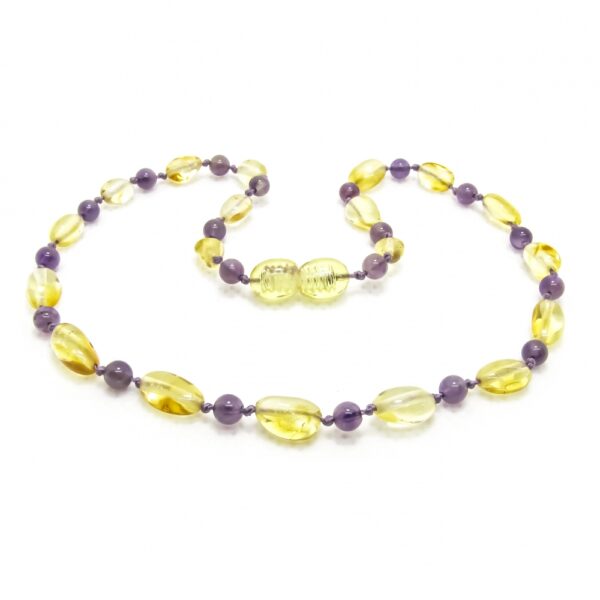 Amber Teething Necklace – Amethyst/Lemon – Polished Bean