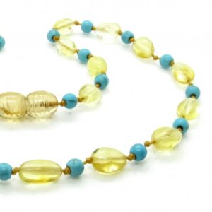 Amber Teething Necklace – Turquoise/Lemon – Polished Bean