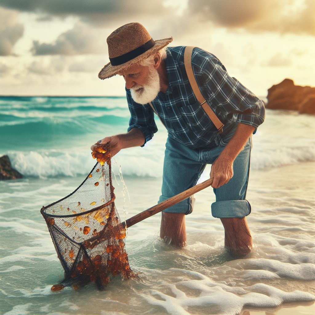 Old man using a hand net to fish amber out of the sea