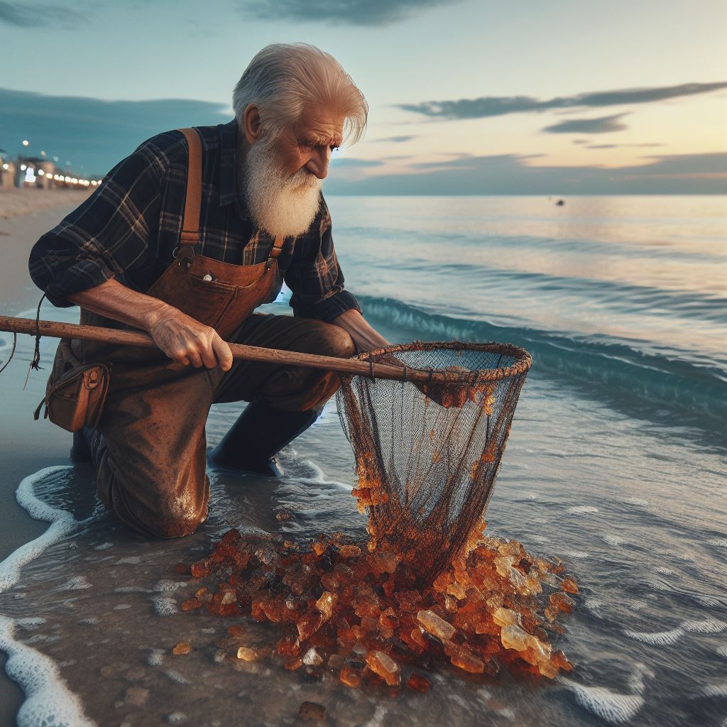 old man using a fishing net searching for amber in the sea while standing on the beach