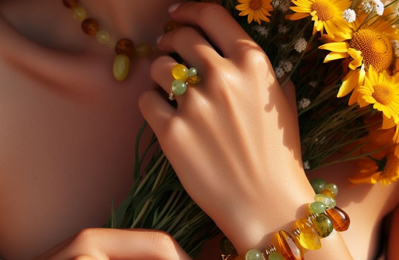 Woman holding flowers wearing amber jewellery to protect from allergy